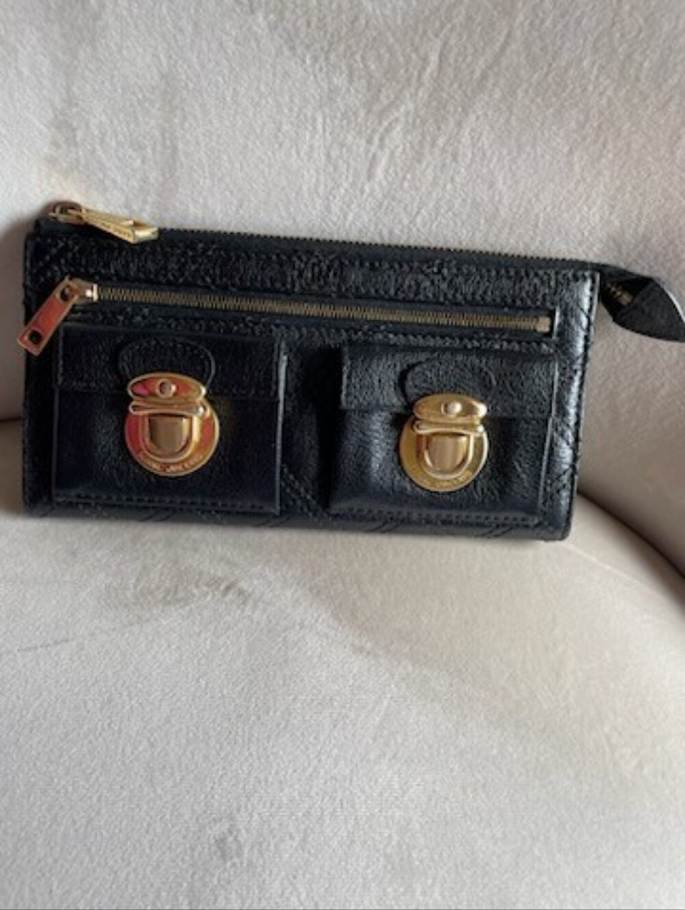 Marc Jacobs Black Leather Crossbody Wallet with Gold Hardware